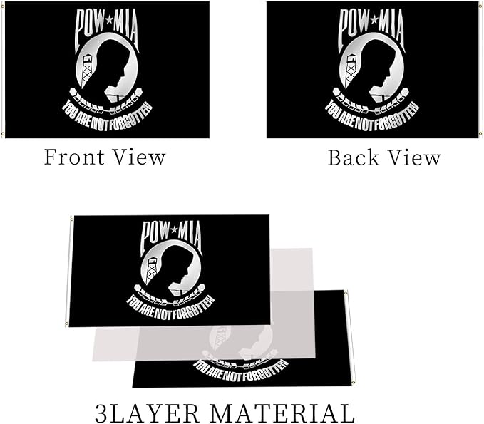 Pow Mia Flag 3x5 Ft Outdoor Heavy Duty Polyester Military Pow FlagsDouble Sided 3 Ply Banner 200D with Durable Canvas Header and 2 Brass Grommets Powmia Banner- You are Not Forgotten War Flags