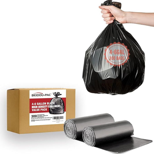 4-6 Gallon Trash Bags, 300 Count Black Garbage bags, Multi-purpose Trash Can Bin Liners for Bathroom, Office, Industrial, Commercial, Janitorial, Municipal, Recycling