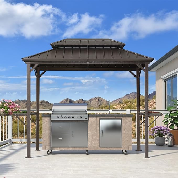 PURPLE LEAF 6' X 9' Hardtop Grill Gazebo for Patio Permanent Metal Roof with 2 Side Shelves Deck Yard Tent Aluminum Garden Outside Sun Shade Outdoor BBQ Canopy