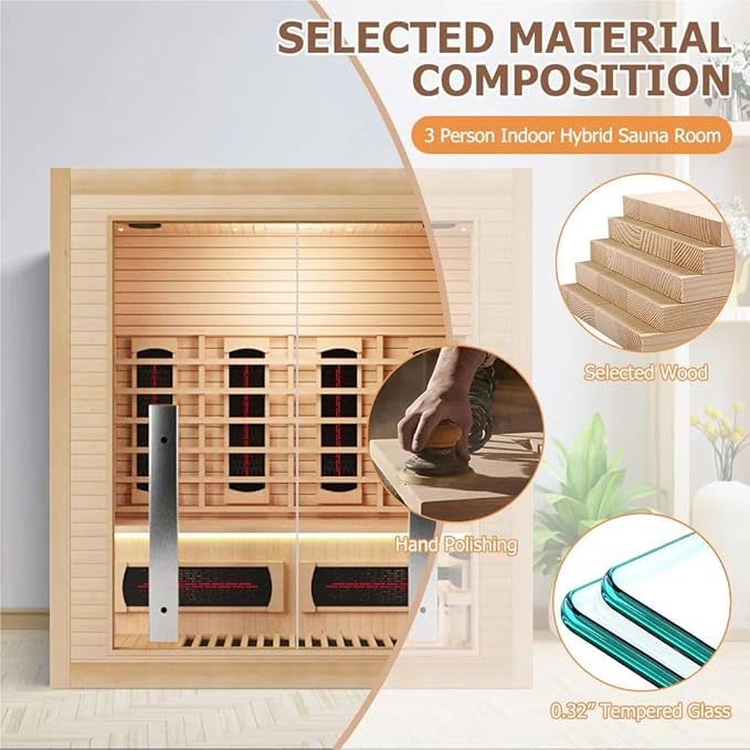 3-4 Person Hybrid WiFi Control Indoor Sauna, Far Infrared Wood Steam Sauna Room, Canadian Hemlock, Red Light Therapy, 11 Heating Elements & Electric Stove, Large Tempered Glass Door, Left Door