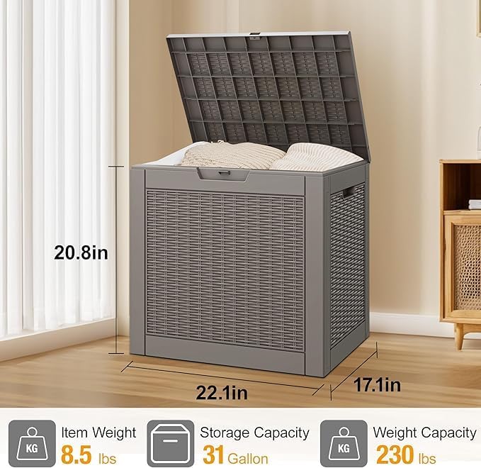 31 Gallon Outdoor Storage Box, Resin Deck Boxes Outdoor Waterproof For Patio Furniture, Garden Tools, Pool Supplies, Durable And UV Resistant, Lockable