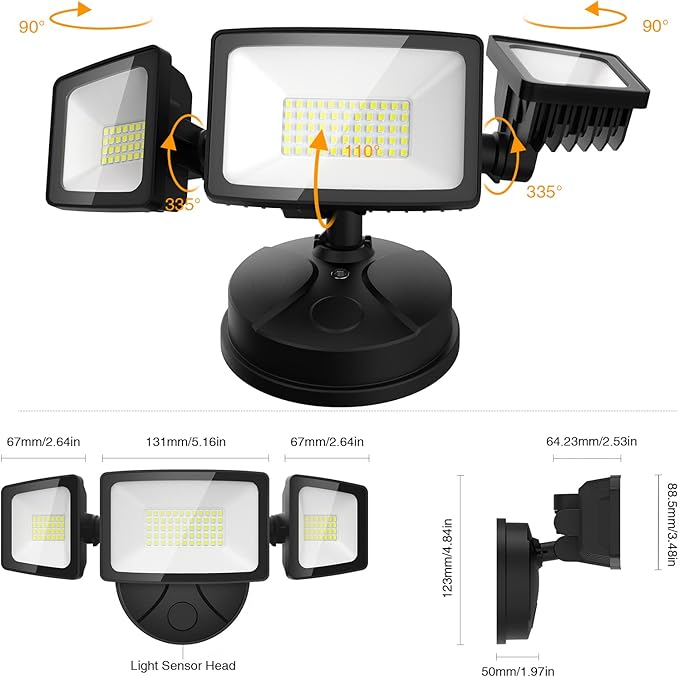 Onforu 3 Packs 60W Flood Lights Outdoor, 6000LM Brightness Security Lights,Switch Controlled, IP65 Waterproof, 6500K Exterior LED Flood Light with 3 Adjustable Heads for Yard Home