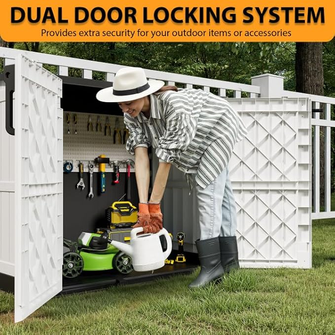 LHBcraft Outdoor Storage Cabinet 36 Cu Ft with Lockable Doors, Portable Horizontal Resin Storage Shed - Easy to Assemble, Waterproof Small Storage Shed with Floor