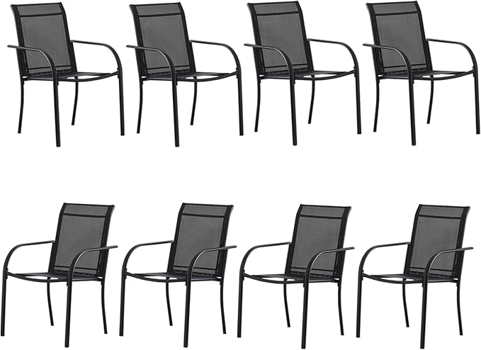 Outdoor Dining Chairs Set of 8, Stackable Patio Chairs with Textilene Fabric, Lightweight Garden Chairs for Poolside, Backyard, Camping, Black