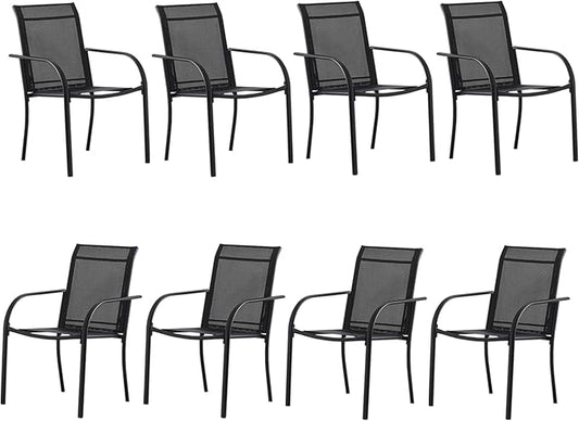 Outdoor Dining Chairs Set of 8, Stackable Patio Chairs with Textilene Fabric, Lightweight Garden Chairs for Poolside, Backyard, Camping, Black