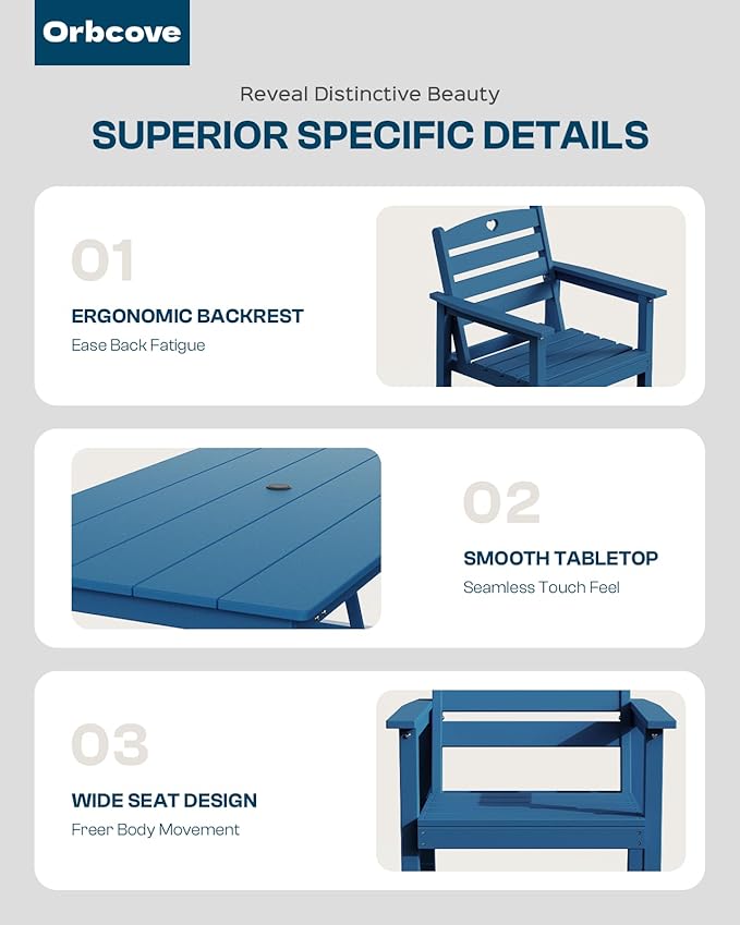 Patio Table and Chairs Set with Umbrella Hole, HDPE Patio Dining Set for 6, Outdoor Dining Set for Lawn, Patio, Porch, Deck, Poolside, Yard (Classic Blue, 7-Piece)