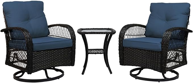 Patio Furniture Set Swivel Rocker, Outdoor Patio Chairs, 3 Piece Suit Porch Furniture Rocking Set, Backyard and Garden Rocker Rattan Chair, with Thickened Cushions and Glass Coffee Table(Navy)
