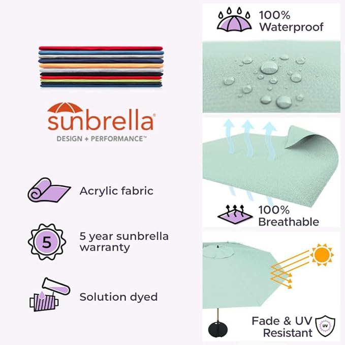 Midtown Umbrellas Push Pop Sunbrella Umbrella 10 Feet Large Outdoor Umbrella With Canvas Glacier Acrylic Fabric - Deck Patio Umbrella, Backyard Umbrella, Garden Umbrella & Pool Umbrella - Black Pole