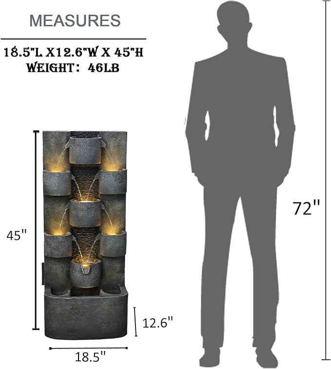 Outdoor Water Fountain Garden - Waterfall Large Water Feature Fountains with LED Lights & Pump, Concrete Artistry for Patio Yard Pool Home Decor, (45 inches Tall, Gray)
