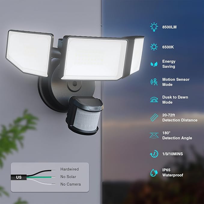 85W LED Security Lights Motion Sensor Light Outdoor, 8500LM Dusk to Dawn, IP65 Waterproof, 6500K, 3 Head Motion Detected Flood Light, Floodlight for Outside, Garage, Yard, Porch (Black)