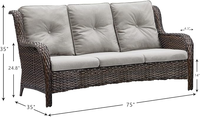 HUMMUH 3-Seat Outdoor Wicker Sofa PE Rattan Patio Couch with Cushions,Deep Seat High Curved Back Armset Patio Sofa
