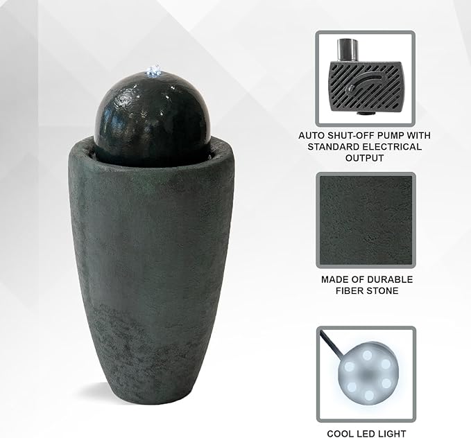 XBrand 25.98" H Round Stone Indoor/Outdoor Modern Stone Textured Sphere Water Fountain w/LED Lights, Ball Fountain Decor, Dark Green