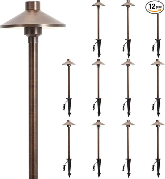 Gardencoin Solid Brass Low Voltage Pathway Lights (6.7'' Shade, 21.9'' Tall), 12V AC/DC Heavy Duty LED Landscape Path Lights Outdoor Wired, Antique Bronze Walkway Lights with Larger Stake, 12-Pack