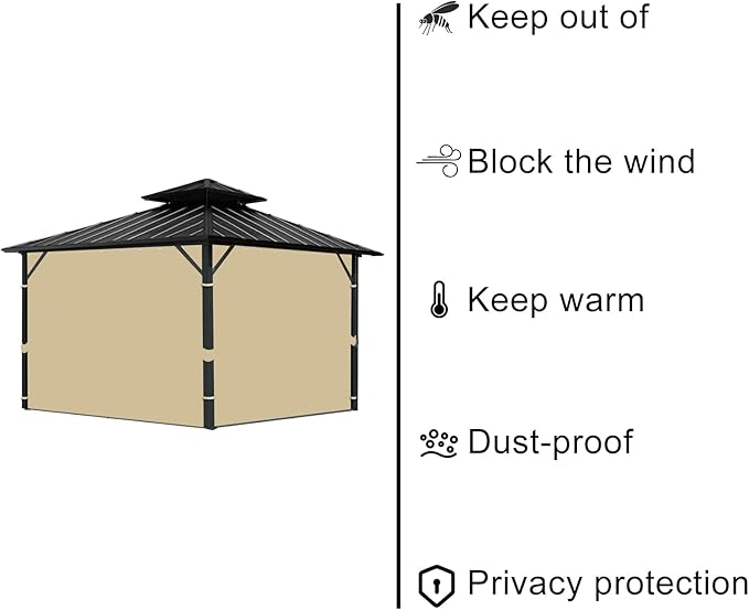 Gazebo Universal Replacement Privacy Curtain, 10'X10' Gazebo Curtains Outdoor Waterproof, 4-Panels Sidewall with Zipper for Patio, Garden and Backyard (Only Curtains, 10'X10', Khaki)