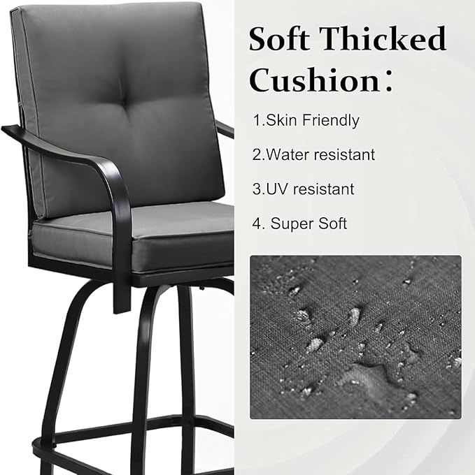 Patio Swivel Bar Stools, Outdoor High Back Swivel Bar Chair Set of 4 with Cushion & All Weather Steel Frame for Backyard, Lawn, Poolside and Balcony, Dark Gray