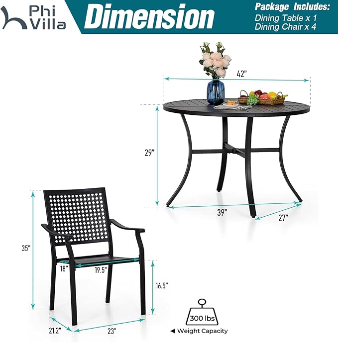 PHI VILLA 5 Pieces Outdoor Round Dining Set for 4, Steel Circle Table with Umbrella Hole & Stacking Wrought Iron Chairs, Modern Dining Furniture Set for Patio, Deck, Yard, Porch
