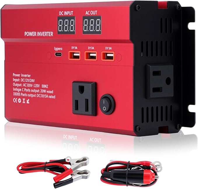 600W Car Power Inverter, 12V/24V Car Plug Adapter Outlet Converter with 1 Type C Port, 3 USB Ports, Dual AC Outlets for Cars Trucks US Plug (Red)