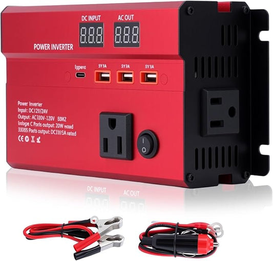 600W Car Power Inverter, 12V/24V Car Plug Adapter Outlet Converter with 1 Type C Port, 3 USB Ports, Dual AC Outlets for Cars Trucks US Plug (Red)