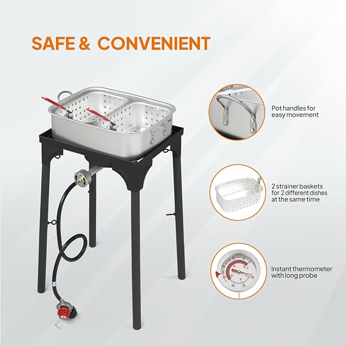 Bonnlo 18 QT Aluminum Fish Fryers Outdoor Cooking Pot, 55,000 BTU Propane Deep Fryer with Heightened Stove 2 Baskets & Thermometer for Frying Chicken Wings & French Fries for Backyard, Camping, Party