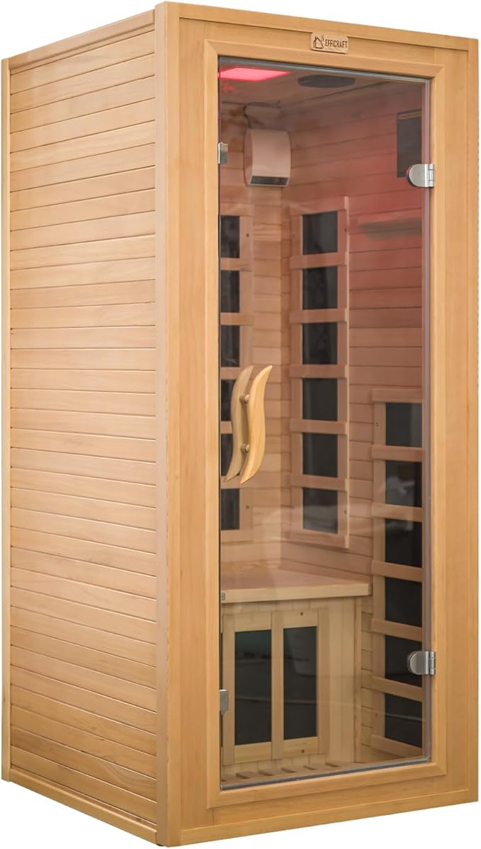 Infrared Sauna 1 Person 7 Heating Panels Hemlock Wooden Home Sauna 1350W, Dry Sauna for Home Spa Room, Time Temp Pre-Set Sauna Room, Mini Personal Far Infrared Saunas for Home