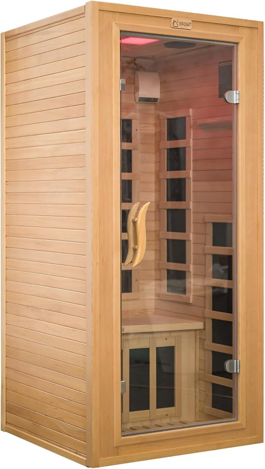 Infrared Sauna 1 Person 7 Heating Panels Hemlock Wooden Home Sauna 1350W, Dry Sauna for Home Spa Room, Time Temp Pre-Set Sauna Room, Mini Personal Far Infrared Saunas for Home