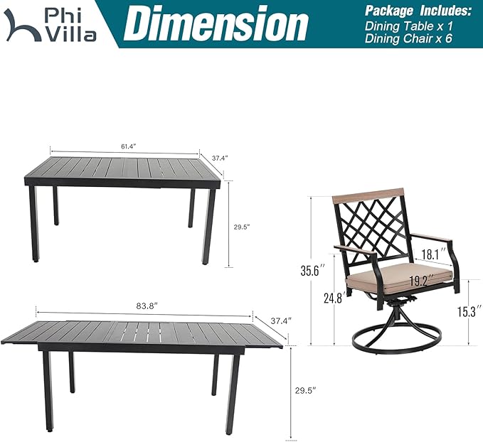 PHI VILLA 7 Piece Outdoor Furniture Dining Set, All-Weather Metal Steel Conversation Set Includes 6 Chairs and 1 Extendable Dining Table for Patio Garden Deck