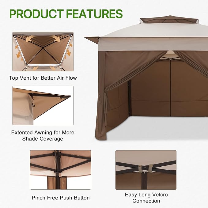COOS BAY 11x11 Pop-up Instant Gazebo Tent with 4 Sidewalls Outdoor Canopy Shelter with Carry Bag, Stakes and Ropes, Beige