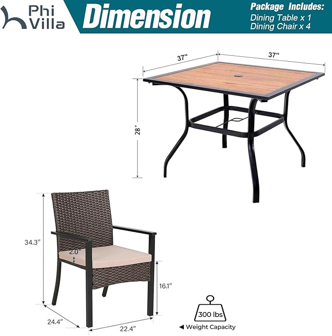 PHI VILLA 5 Piece Outdoor Dining Set for 4, 37" Wood Top Metal Dining Table & 4 Cushioned Rattan Wicker Chairs for Patio, Deck, Yard, Porch