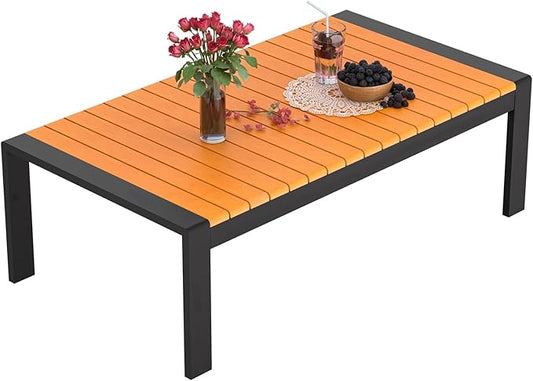 Aluminum Outdoor Coffee Table - Black Rectangle Patio Tables with Teak Top for Deck, and Poolside