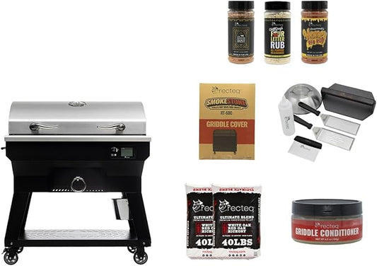 recteq Pellet Grill - SmokeStone 600, Outdoor Griddle Grill with Even Temperature, WiFi Enabled Wood Pellet Griddle Grills, SmokeStone 600 + Sizzling Essentials Bundle