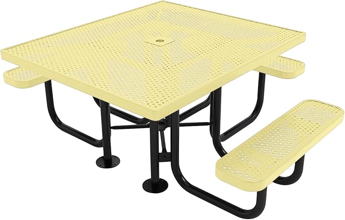 COATEDOUTDOORFURNITURE Heavy-Duty Portable ADA-Compliant Outdoor Picnic Table with Umbrella Hole, Punched Steel Patio Dining Furniture Made in America (46" Square Top, Textured Sandstone)