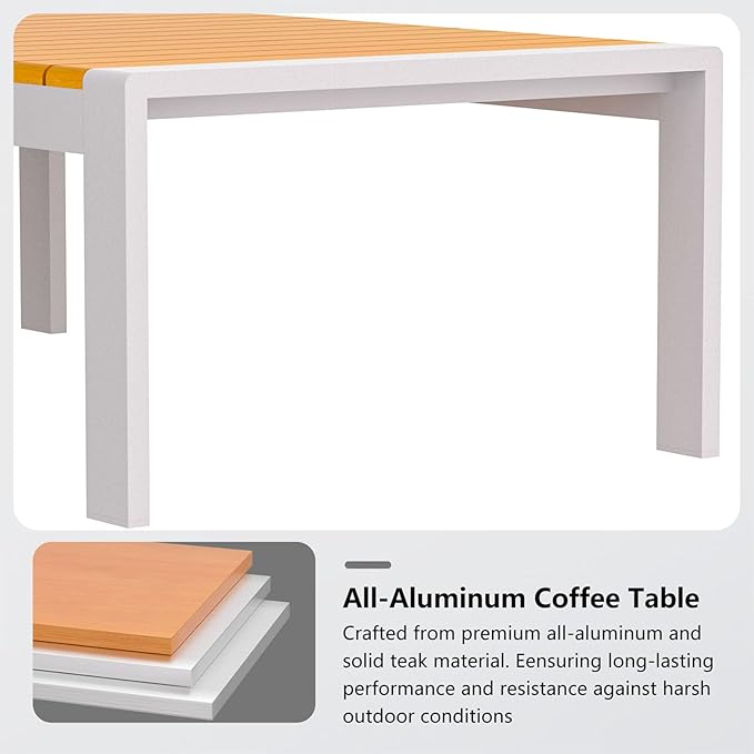 Aluminum Outdoor Coffee Table - White Rectangle Patio Tables with Teak Top for Deck, and Poolside