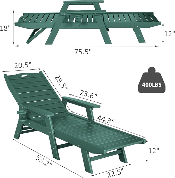 nalone Chaise Lounge Set of 2 Outdoor with 5-Position Adjustable Backrest, HDPE Lounge Chair for Outside Supports Up to 400 LBS, Pool Lounge Chairs for Patio Poolside Deck Beach Backyard (Green)