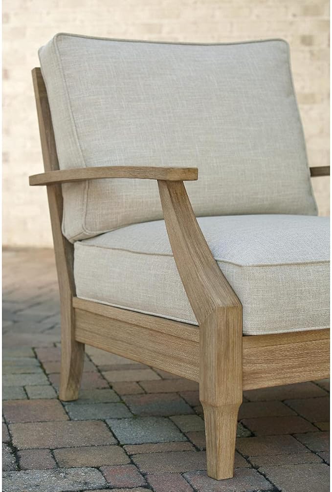 Signature Design by Ashley Clare View Outdoor Eucalyptus Wood Lounge Chair – Cushioned with Nuvella Fabric, 5-Step Protective Finish , Beige