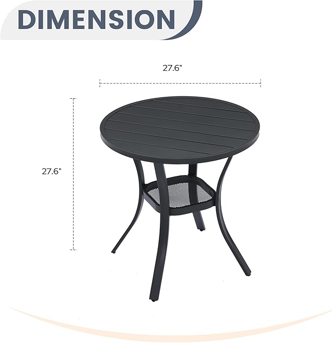 VICLLAX Round Patio Dining Table, Metal Outdoor Bistro Table with Storage Shelf for Balcony Garden Deck, 27.6 Inch Black