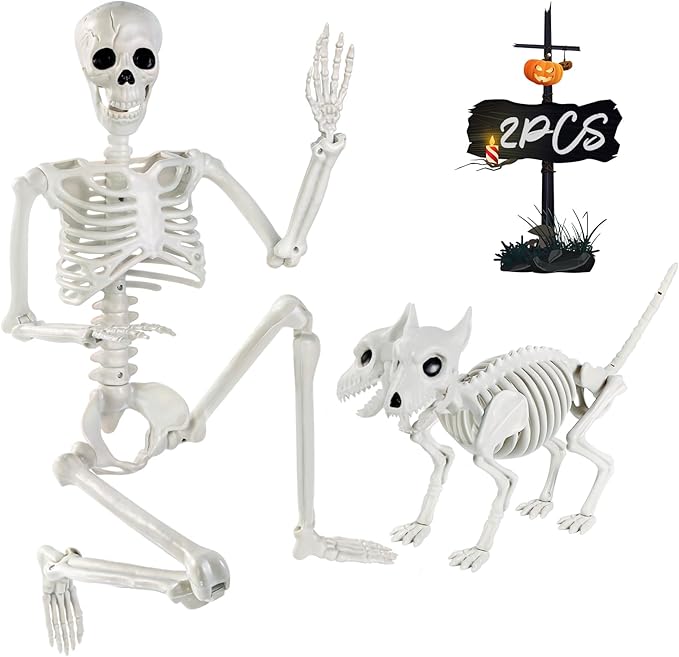 YUJUN 36'' Halloween Skeleton Decoration with 2Head Dog Skeleton, Full Body Posable Skeleton Realistic Plastic Bones Movable Joints for Halloween Party Yard Haunted House Props Indoor Outdoor Decor