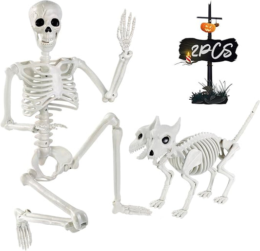 YUJUN 36'' Halloween Skeleton Decoration with 2Head Dog Skeleton, Full Body Posable Skeleton Realistic Plastic Bones Movable Joints for Halloween Party Yard Haunted House Props Indoor Outdoor Decor