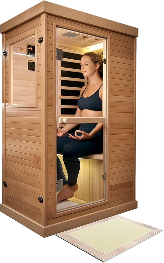 PAETA Infrared Sauna | 1-Person Indoor Dry Sauna with 5 Carbon Heaters | Fast & Even Heating Low EMF | Bluetooth & Chromotherapy for Home Sauna(Wooden)