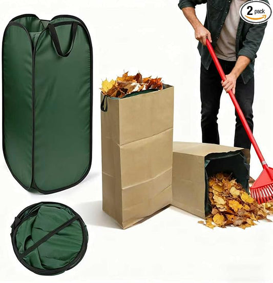 2Pack Reusable Pop-Up Yard Waste Bag Holder, Designed for 30 Gallon Paper Lawn Bags, Multi-Use Dustpan Function and Compact Foldable Design for Effortless Leaf Collection