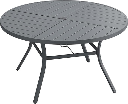 DIFY 59.8" Round Outdoor Patio Dining Table for 8-10, All-Weather Metal Steel Slatted Patio Table with 1.57" Adjustable Umbrella Hole, for Lawn Garden Porch Backyard, Grey