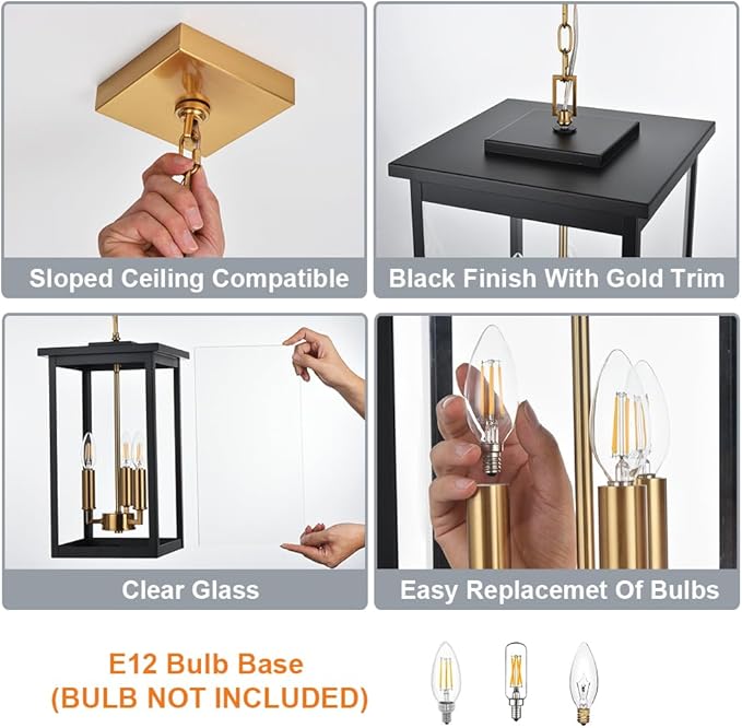 3-Lights Large Outdoor Pendant Lighting Clear Glass, Ceiling Porch Light Fxitures Adjustable Chain for Foyer Patio, Exterior Hanging Lantern Lamp, E12 Bulb Base, Black & Bruhed Brass