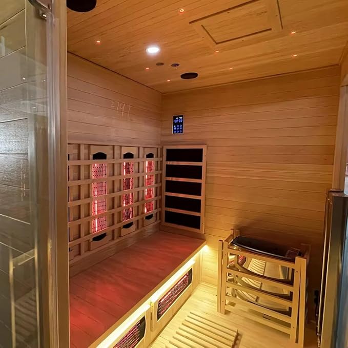 3-Person Far Infrared & Steam Dual-System Sauna Room, Outdoor Canadian Hemlock Wood Sauna, WiFi Control, Red Light Therapy, 11 Heaters& Electric Stove, Left Door, 220-240V