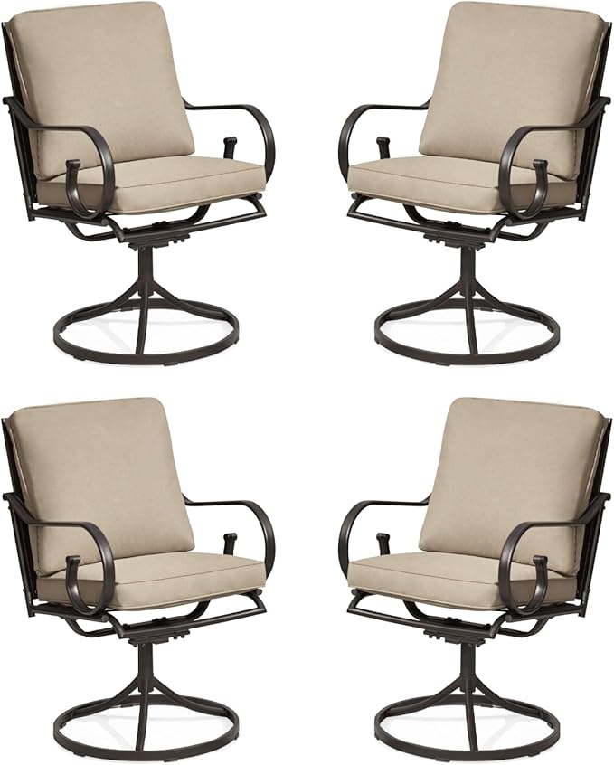 MELLCOM Patio Swivel Chair Set of 4, Heavy Duty Outdoor Dining Chairs with Thickened Cushions, Metal Patio Chairs Gentle Rocker for Outside, Garden Lawn & Porch, Backyard, Khaki