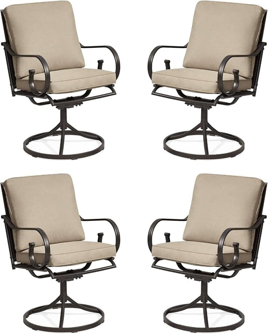 MELLCOM Patio Swivel Chair Set of 4, Heavy Duty Outdoor Dining Chairs with Thickened Cushions, Metal Patio Chairs Gentle Rocker for Outside, Garden Lawn & Porch, Backyard, Khaki