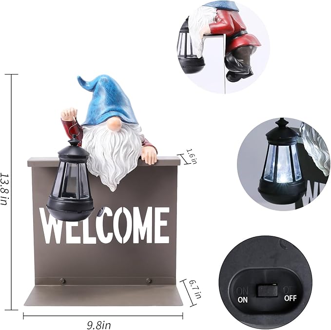 Garden Gnome Statues Outdoor Decor, Solar Gnome Sculpture Holding Lanterns Garden Gnomes Outdoor Decorations with Welcome Fence Base for Patio, Lawn, Yard Ornaments, Housewarming Gifts