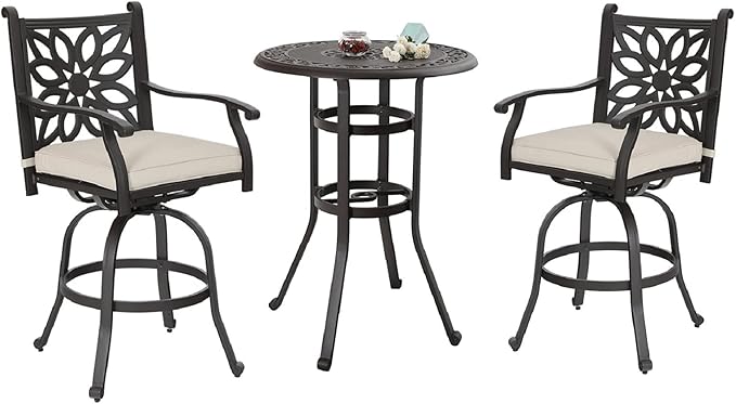 MFSTUDIO 3 PCS Retro Cast Aluminum Patio Bar Set with 2 Swivel Bar Height Stool and 1 Bar Round Table, All Weather Resistant Outdoor Table and Chairs Set