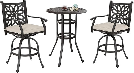 MFSTUDIO 3 PCS Retro Cast Aluminum Patio Bar Set with 2 Swivel Bar Height Stool and 1 Bar Round Table, All Weather Resistant Outdoor Table and Chairs Set