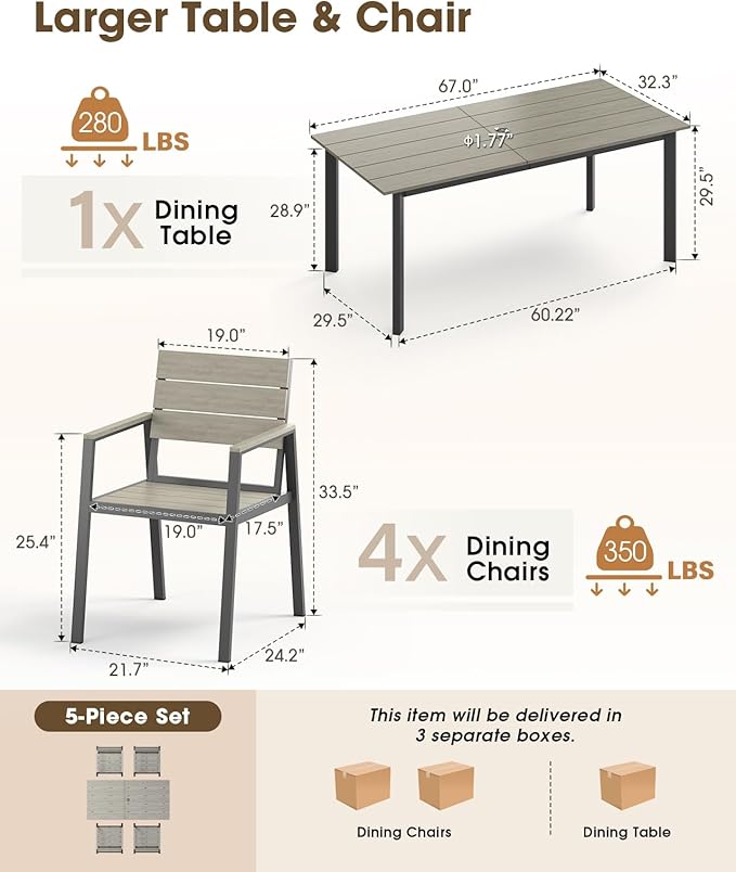 Outdoor Patio Dining set for 4，Aluminum & HDPE 5 Piece Patio Table and Chairs Set with Umbrella Hole, Modren Rectangular Patio Furniture Set with All-weather Table and 4 chairs (Classic Gray)