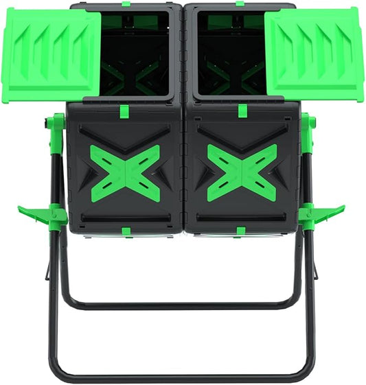 SQUEEZE master Large Dual Chamber Compost Bin Tumbler Outdoor Garden- Easy Rotating- Sturdy Steel Frame-Fast Composting (Green, 2 × 18.5 Gallon)