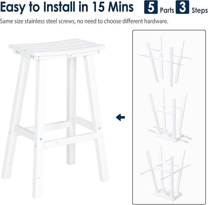nalone 29 Inch Outdoor Bar Stool, HDPE Bar Chairs with Footrest, Weather Resistant Waterproof Bar Stools Outside Bar Height Stools for Bar, Kitchen Counter, Yard, Balcony(White, 29'' Barstools)